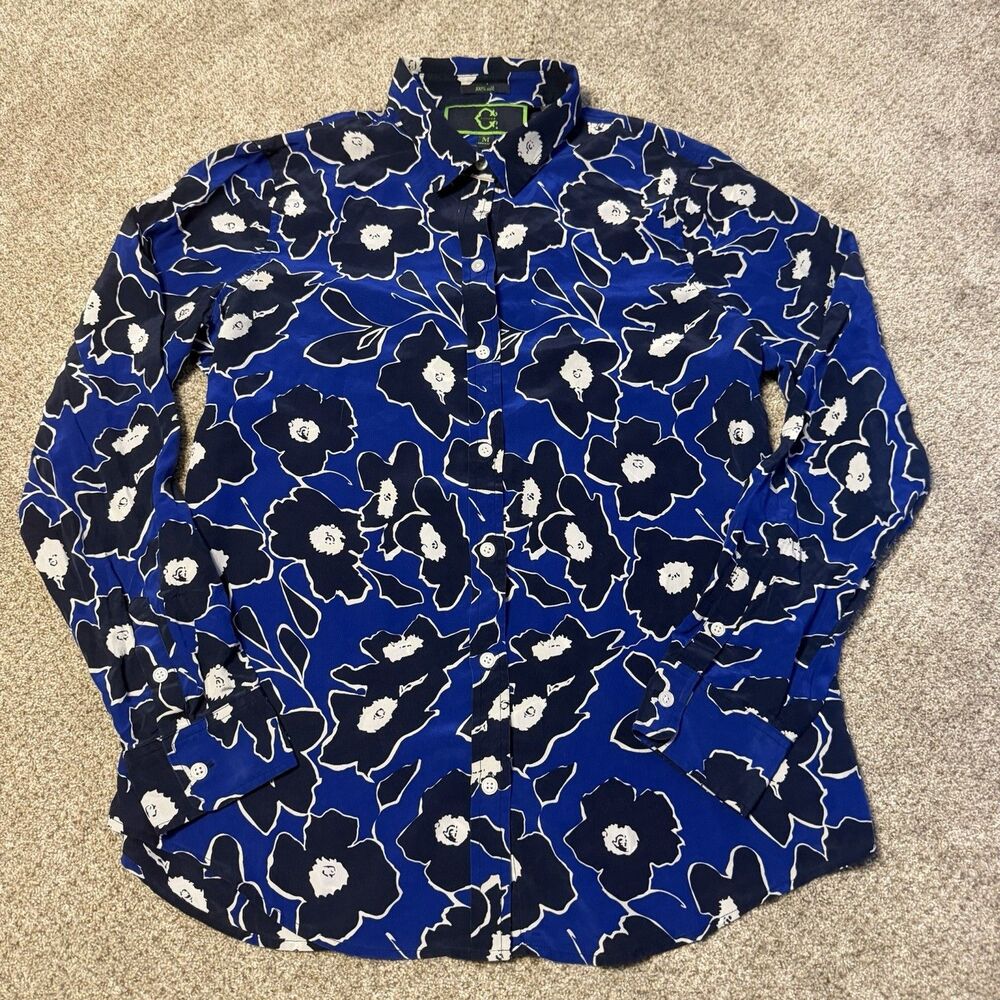 C. Wonder Button Down Blouse Womens M Blue Floral 100% Silk Long Sleeve Shirt